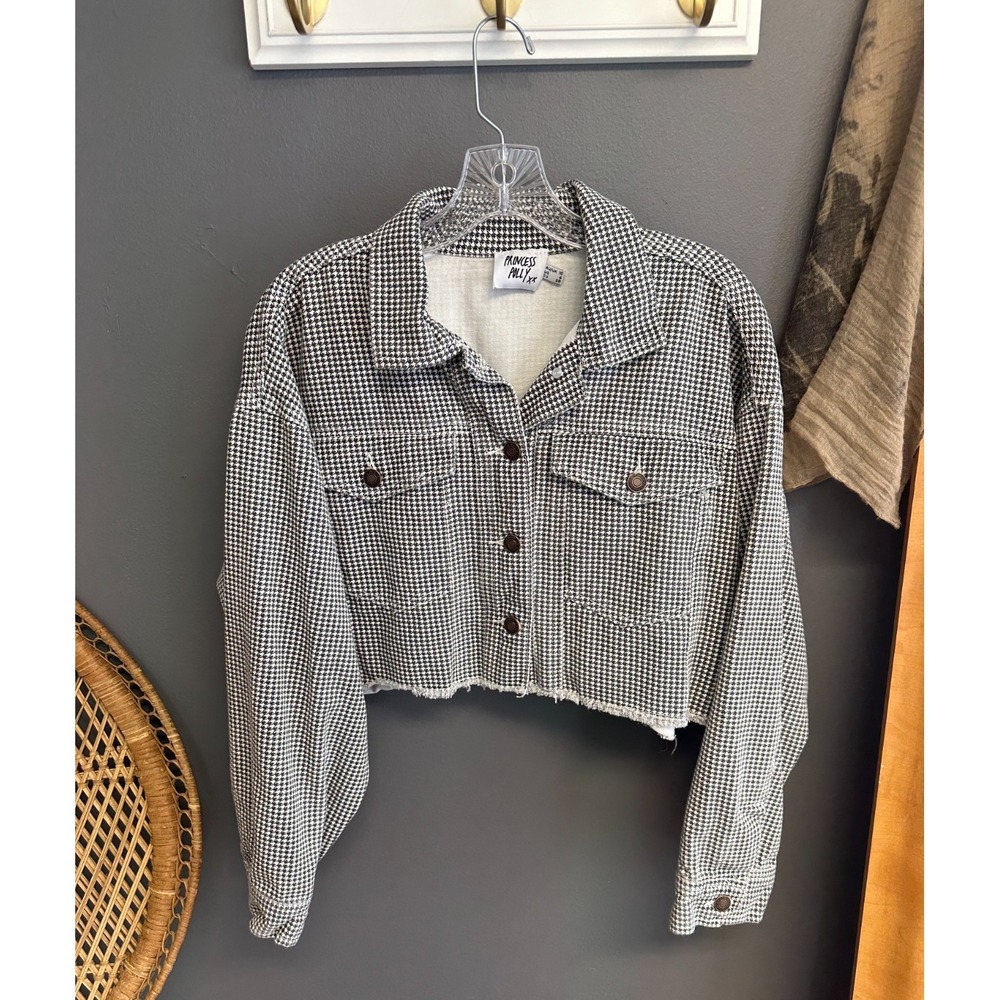 Princess Polly Womens Size 6 Cropped Jacket Houndstooth Oversized Trucker Grunge